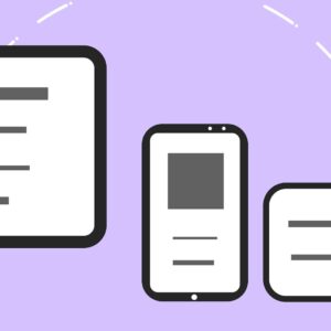Vector icons with modern phone near computer monitor and credit card with gray lines on purple background
